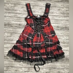 Juniors Large 30” B Unbranded Goth Punk Rebel Dress Red/Black Plaid Lace Corset